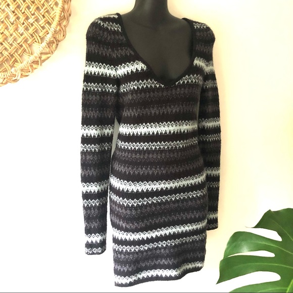 Free People Body Con Scoop V-neck Sweater Dress Nordic Stripes - Picture 3 of 10